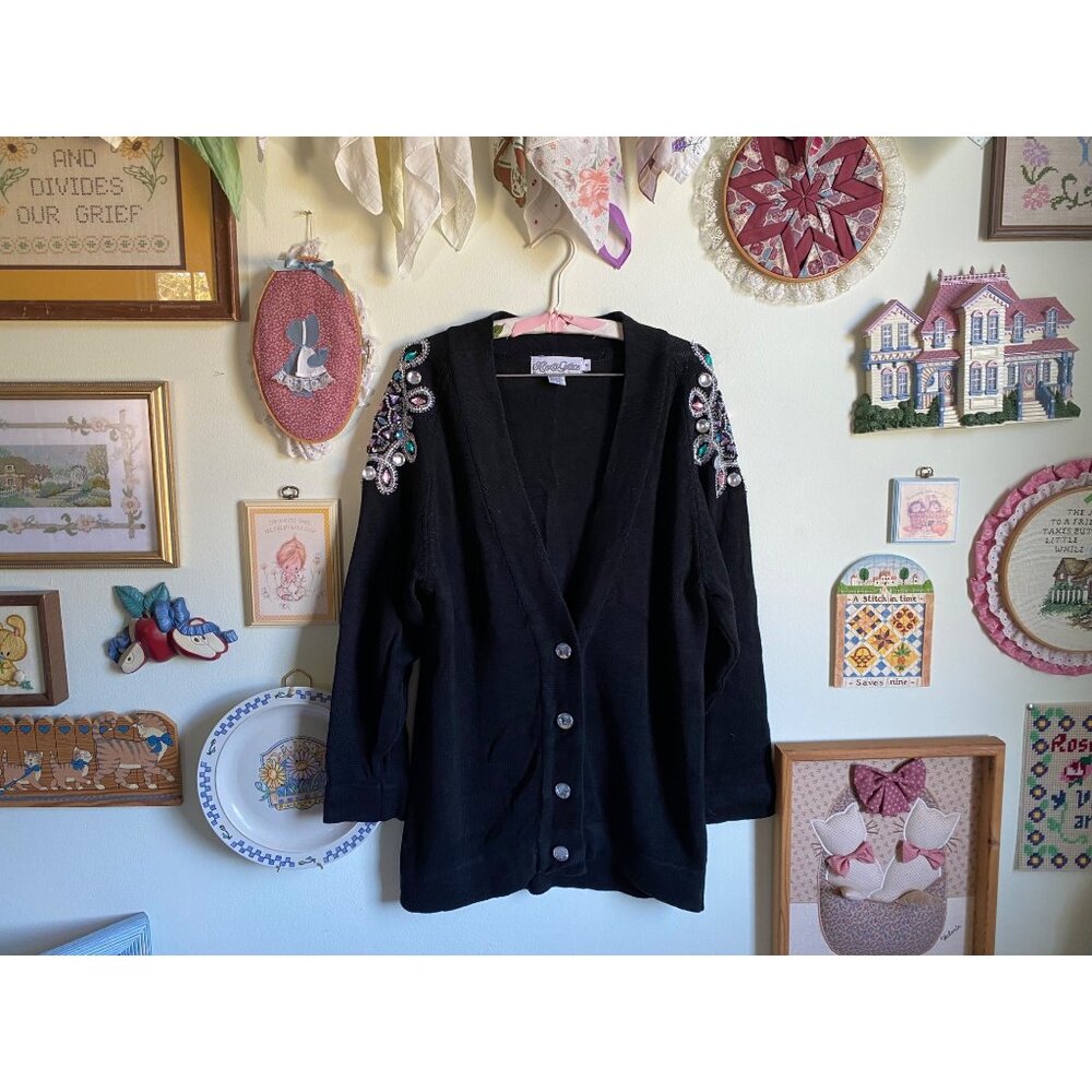 80's vintage Alexa Grace black bejeweled shoulder rhinestone oversized sweater c